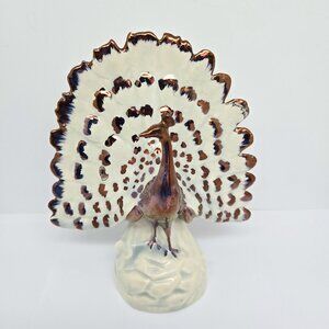 Vintage Hand Painted Ceramic Peacock, 7.5", Ivory and Bronze
